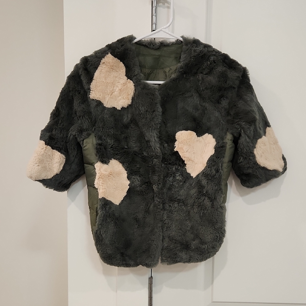 NWOT Women's Rabbit Fur Heart Down Coat - Black and Cream